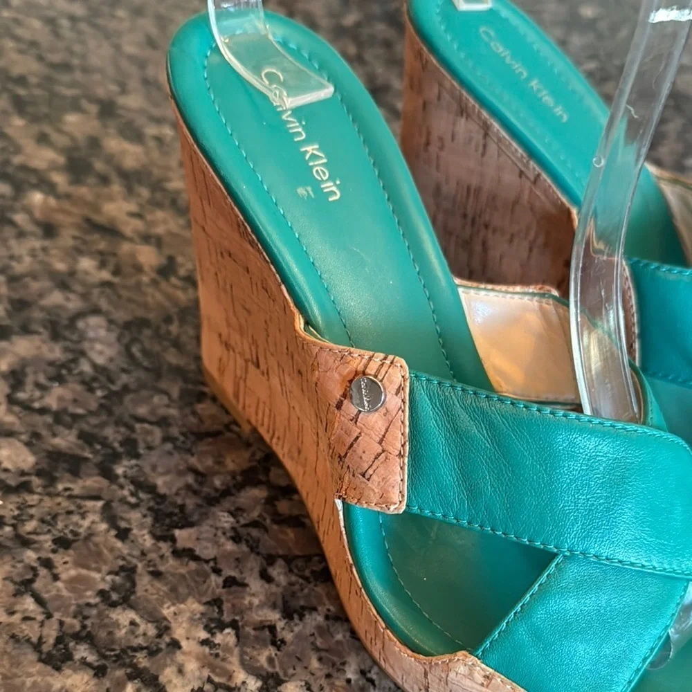 Calvin Klien teal cork Wedges NWOT 9M